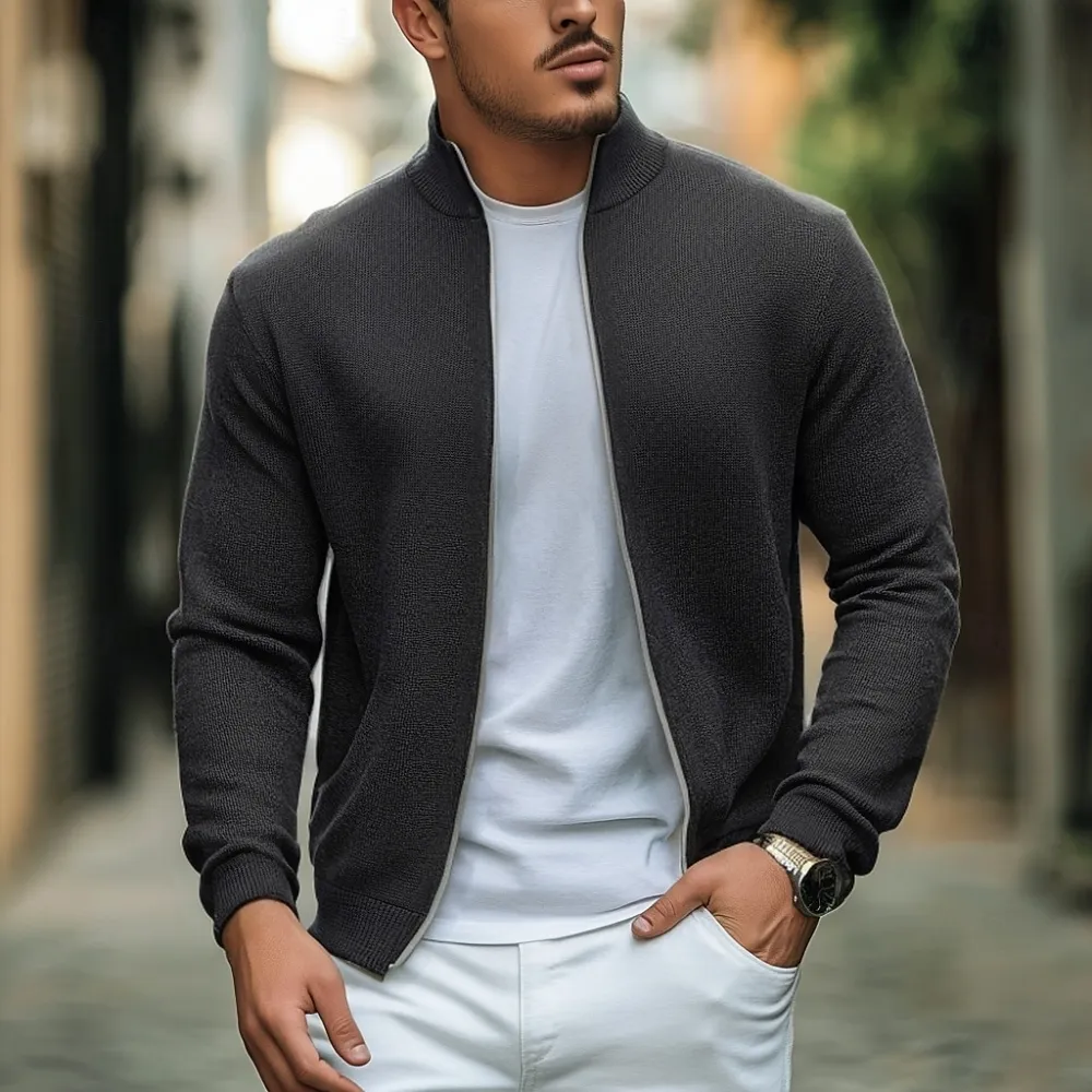 Men's Daily Stand Collar Slant Pocket Rib Knit Zipper Sweater Jacket