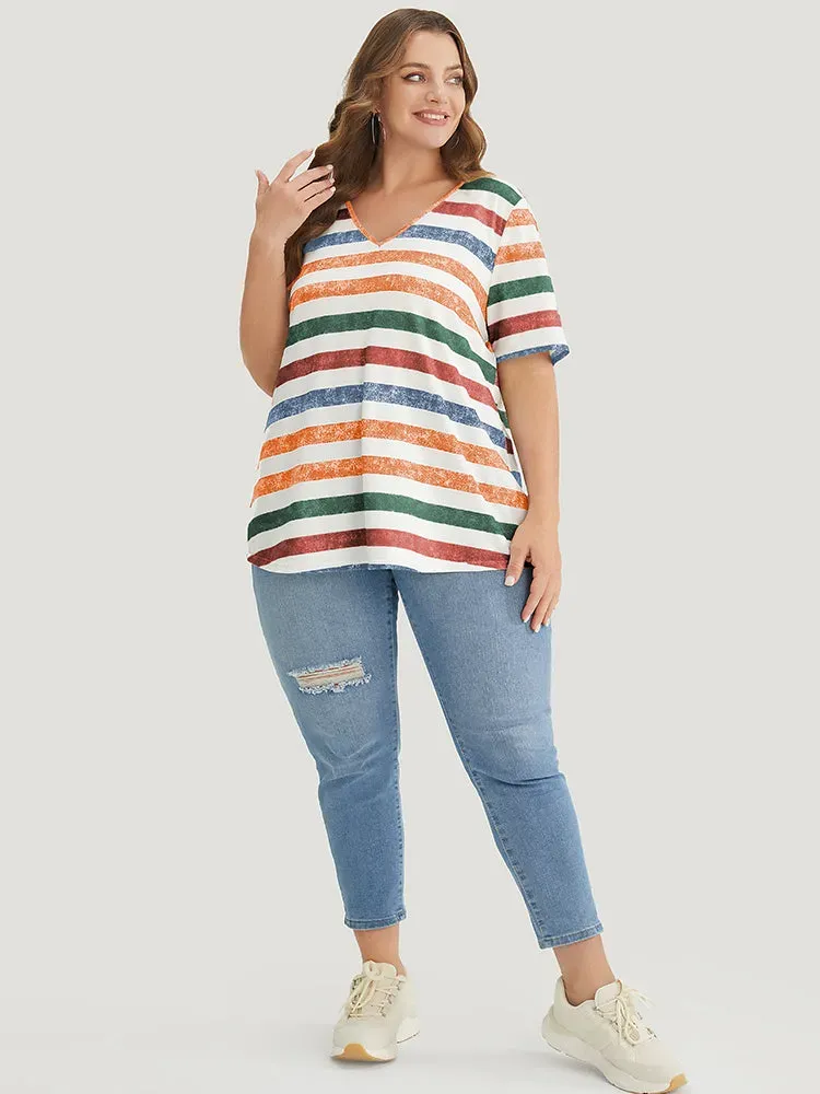 Striped Contrast V Neck T-shirt