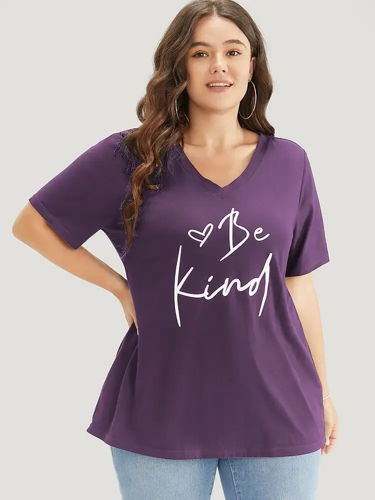 Letter & Heart Print V Neck T-shirt