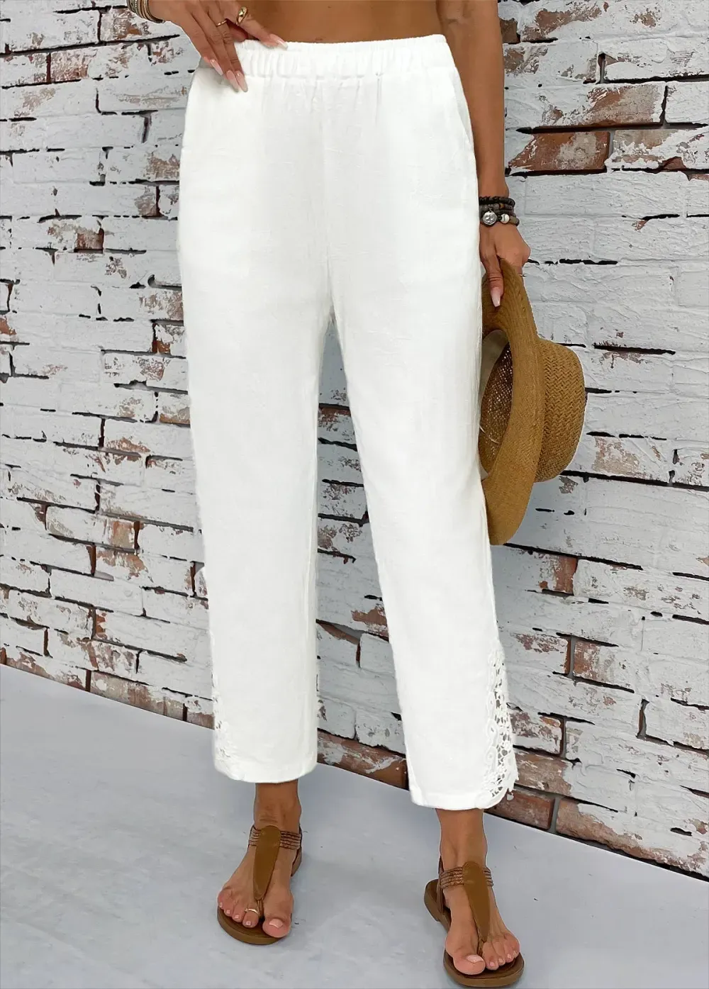 White Pocket Straight Leg Elastic Waist High Waisted Pants