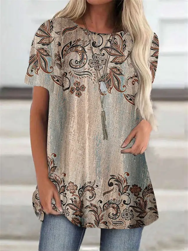 Women Short Sleeve Scoop Neck Casual Floral Printed Top