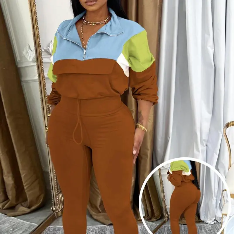 Women's Two - Piece Knit Tracksuit: Zip Jacket & Elastic Waist Pant, Pink - Blue Colorblock