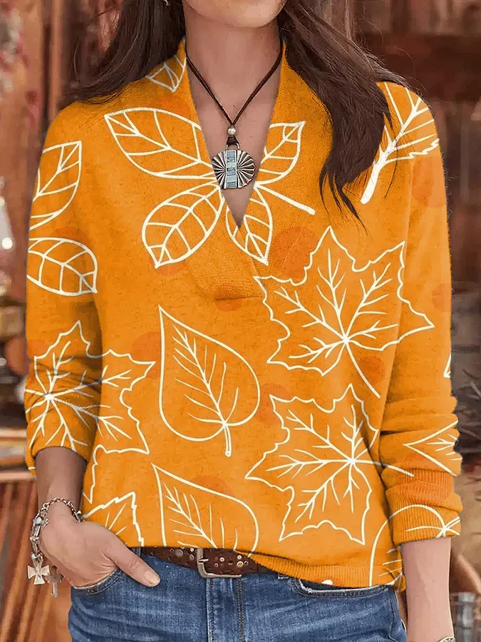Women's Autumn Maple Leaf Casual V-Neck Long-Sleeved Knit Top