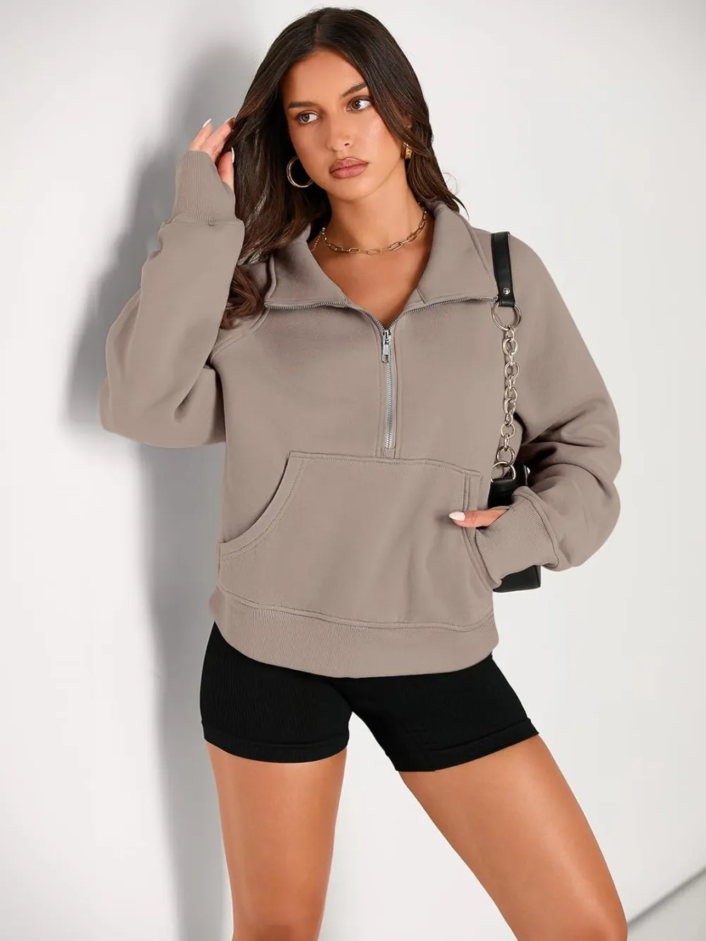 Womens Sweatshirts Half Zip Cropped Pullover Fleece Quarter Zipper Hoodies Fall outfits Clothes Thumb Hole