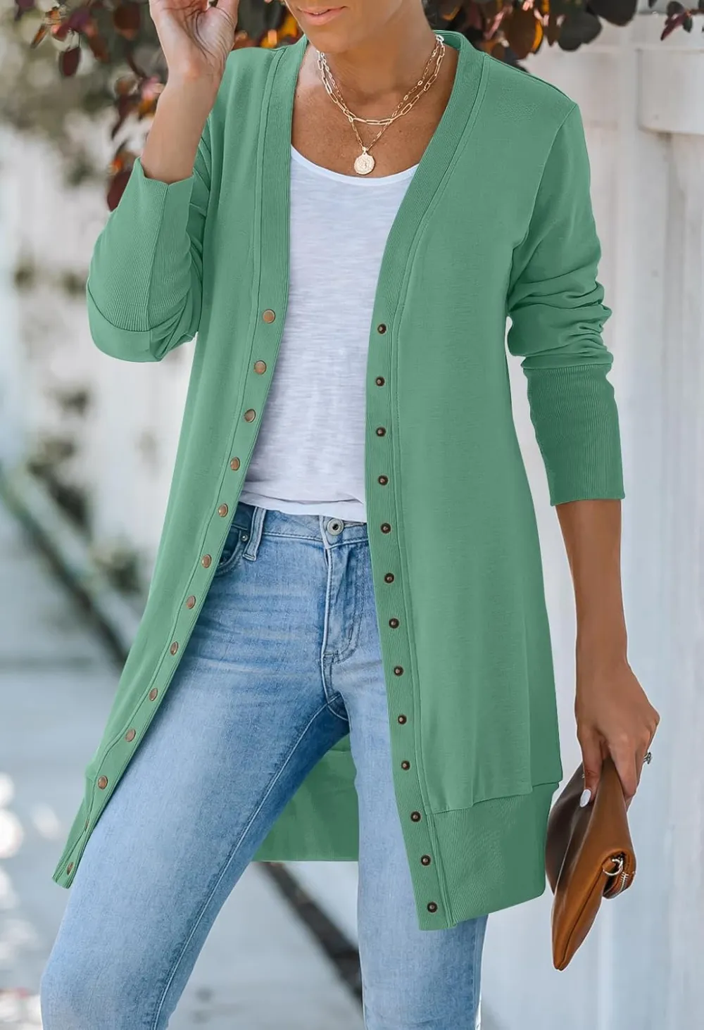 Women's 2024 Fall Long Sleeve Snap Button Down Solid Color Knit Ribbed Neckline Cardigans