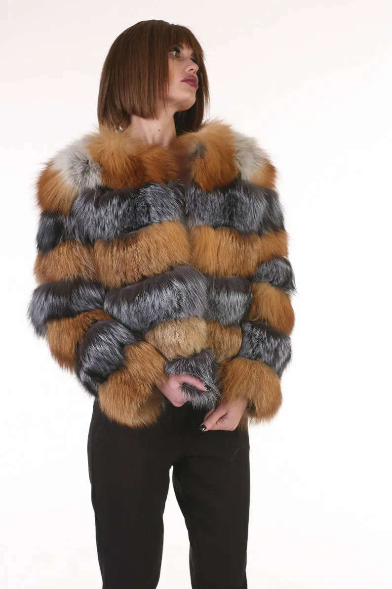 Red and Silver Fox Fur  Jacket