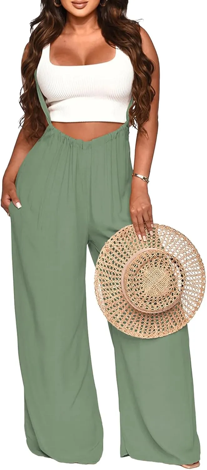 Womens Jumpsuit Casual Loose Sleeveless Adjustable Spaghetti Straps Wide Leg Pants Baggy Overalls With Pockets