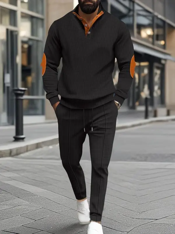 Men’s Waffle Knit Top & Pants Set – Casual 2-Piece Outfit