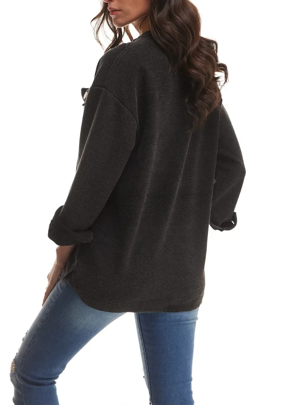 ✨Women's Loose Fit Batwing Sleeve Waffle Knit Button Down Shirt Shacket Tops
