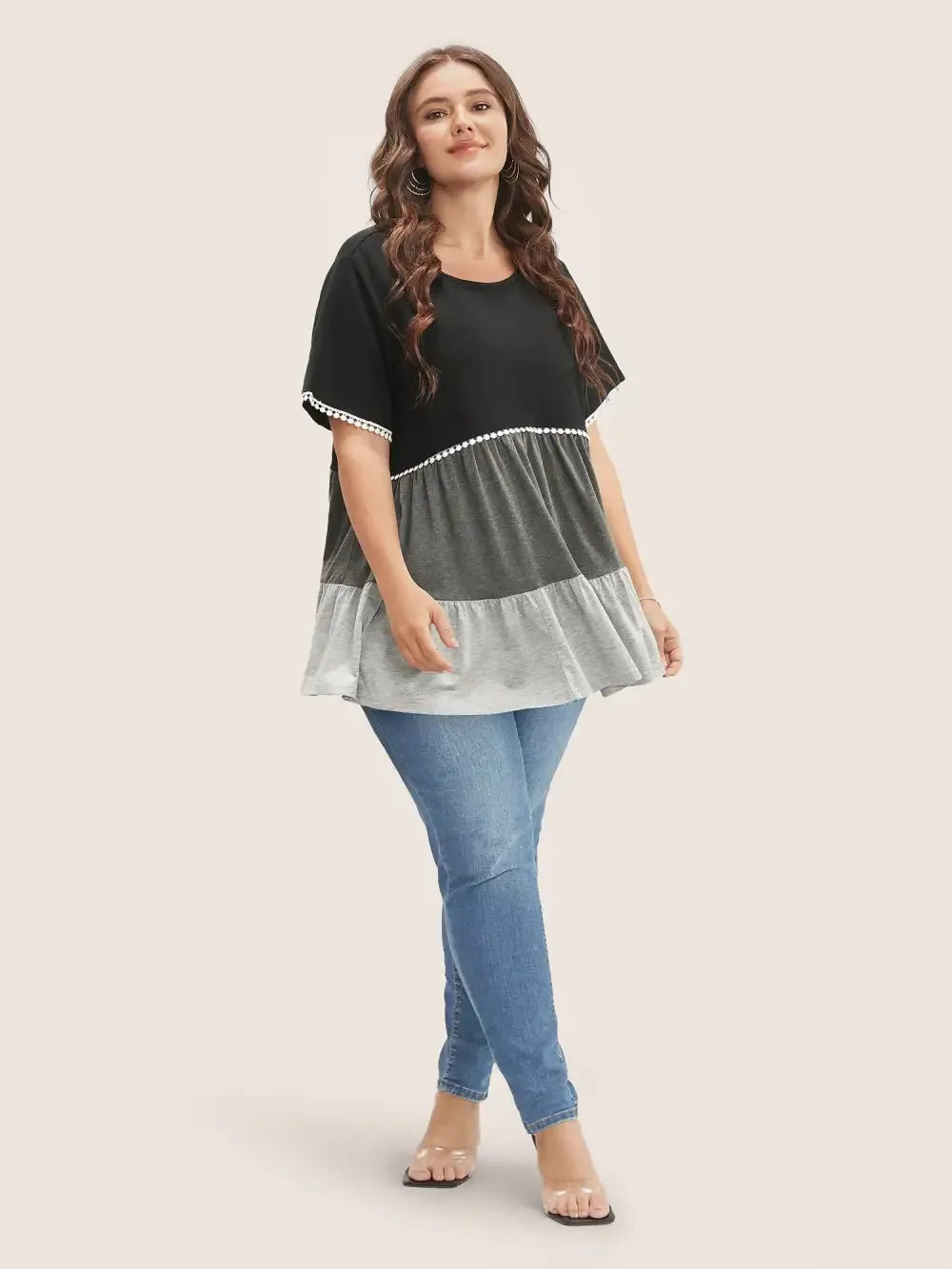 Colorblock Contrast Ruffle Tiered T-Shirt