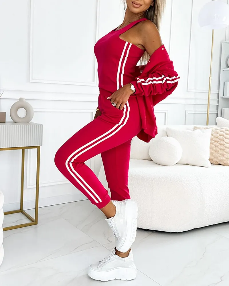 3 Piece Outfits Matching Sets Striped Tape Patch Tank Tops Button Front Jacket Cuffed Pants with Pockets Tracksuit