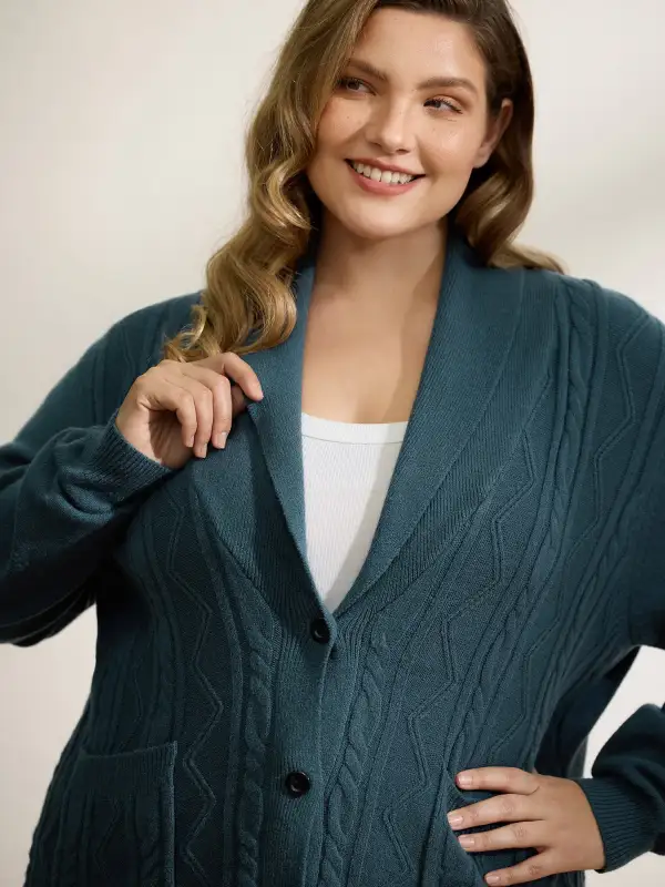 Cable Knit Pockets Shawl Collar Knit Cardigan