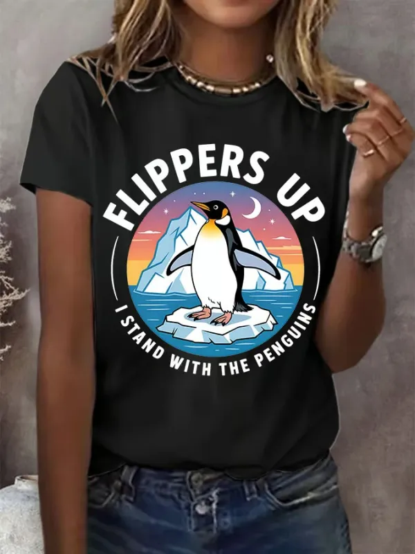 Women'S T-Shirt Women's Penguins Flippers Up Print Round Neck T-Shirt