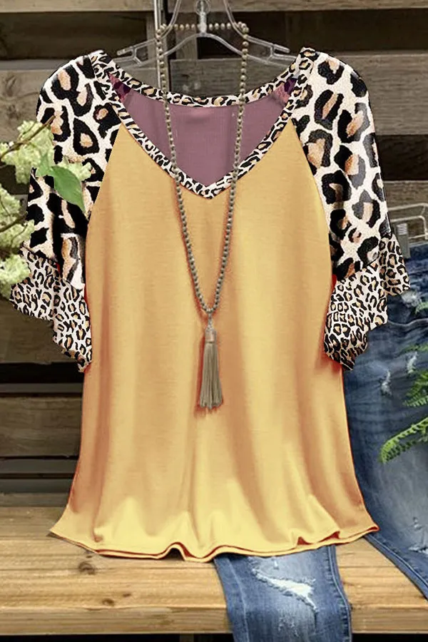 Leopard Print Ruffled Sleeve V-Neck T-Shirt
