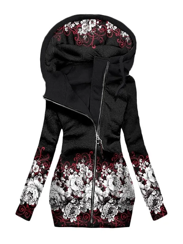 Women's Zip Hoodie Sweatshirt Basic Zip Up Front Pocket Black Pink Blue Floral Butterfly Street Casual Hoodie Long Sleeve Top Micro-elastic Fall & Winter