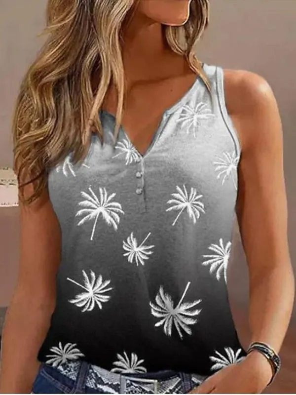 Women's Tank Top Floral Tree Casual Holiday Button Print White Sleeveless Basic V Neck