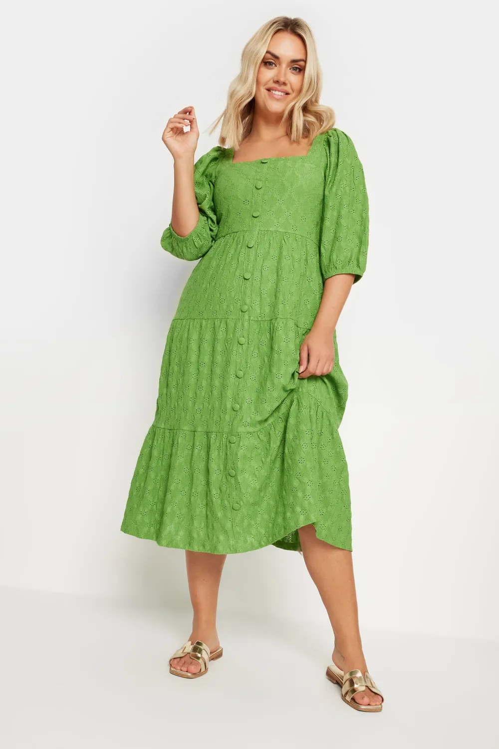 YOURS Curve White Broderie Anglaise Button Front Dress