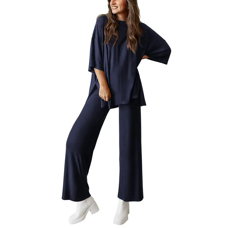 Women's 2-Piece Lounge Set – Short Sleeve Top & Split Hem Wide Leg Pants