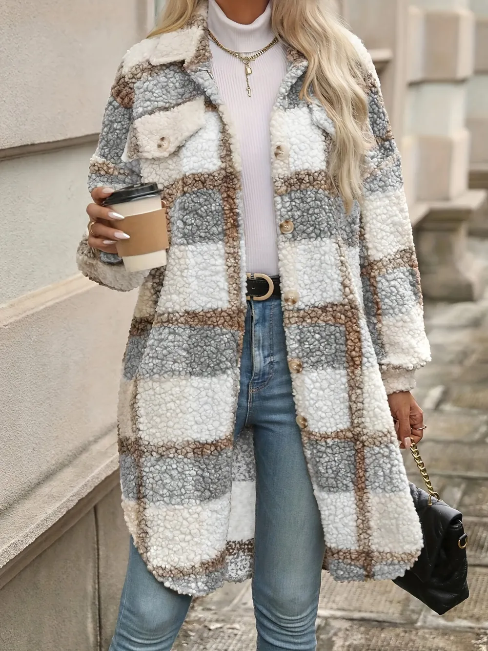 Long Sleeve Plaid Fuzzy Lapel Collar Jacket - Soft, Elegant, and Warm for Fall & Winter - Machine Washable Polyester Coat for Women