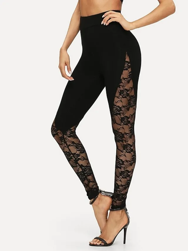 Women's Lace Tights Leggings Jeggings Black Mid Waist Sexy Stretchy Full Length Solid Colored S M L XL XXL / Slim