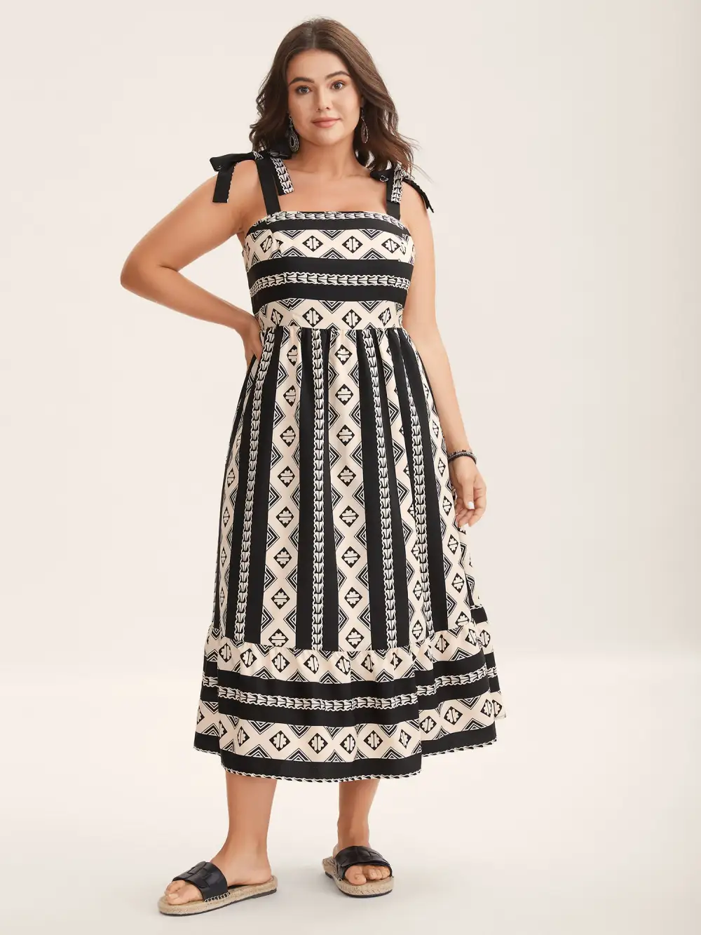 Boho Stripes Bow Pockets Midi Dress