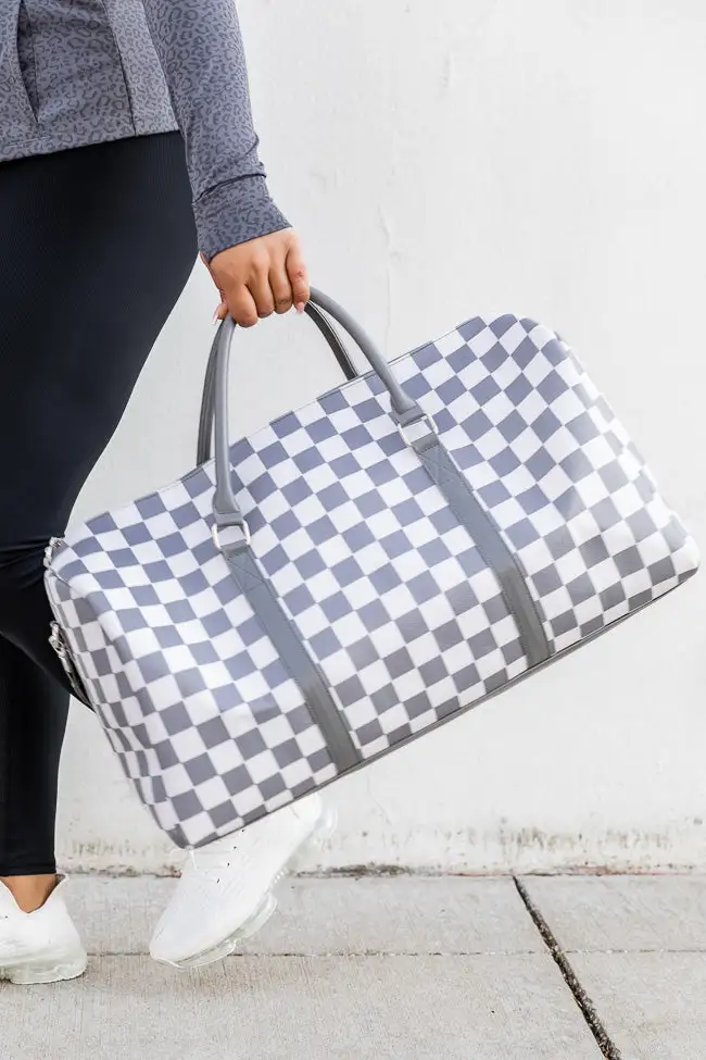 Boujee Weekend Away Grey And White Checkered Duffle Bag DOORBUSTER
