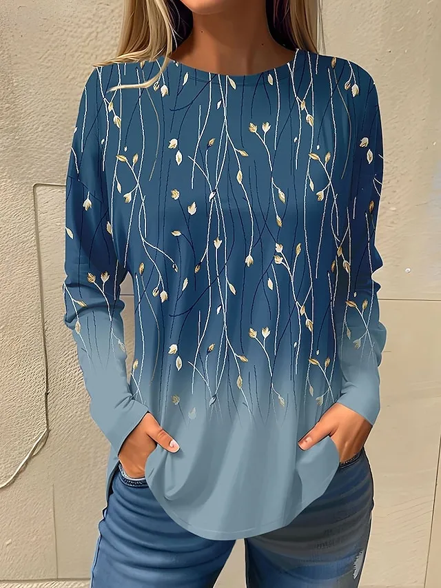 Women's T shirt Tee Floral Print Holiday Weekend Basic Long Sleeve Round Neck White Fall & Winter