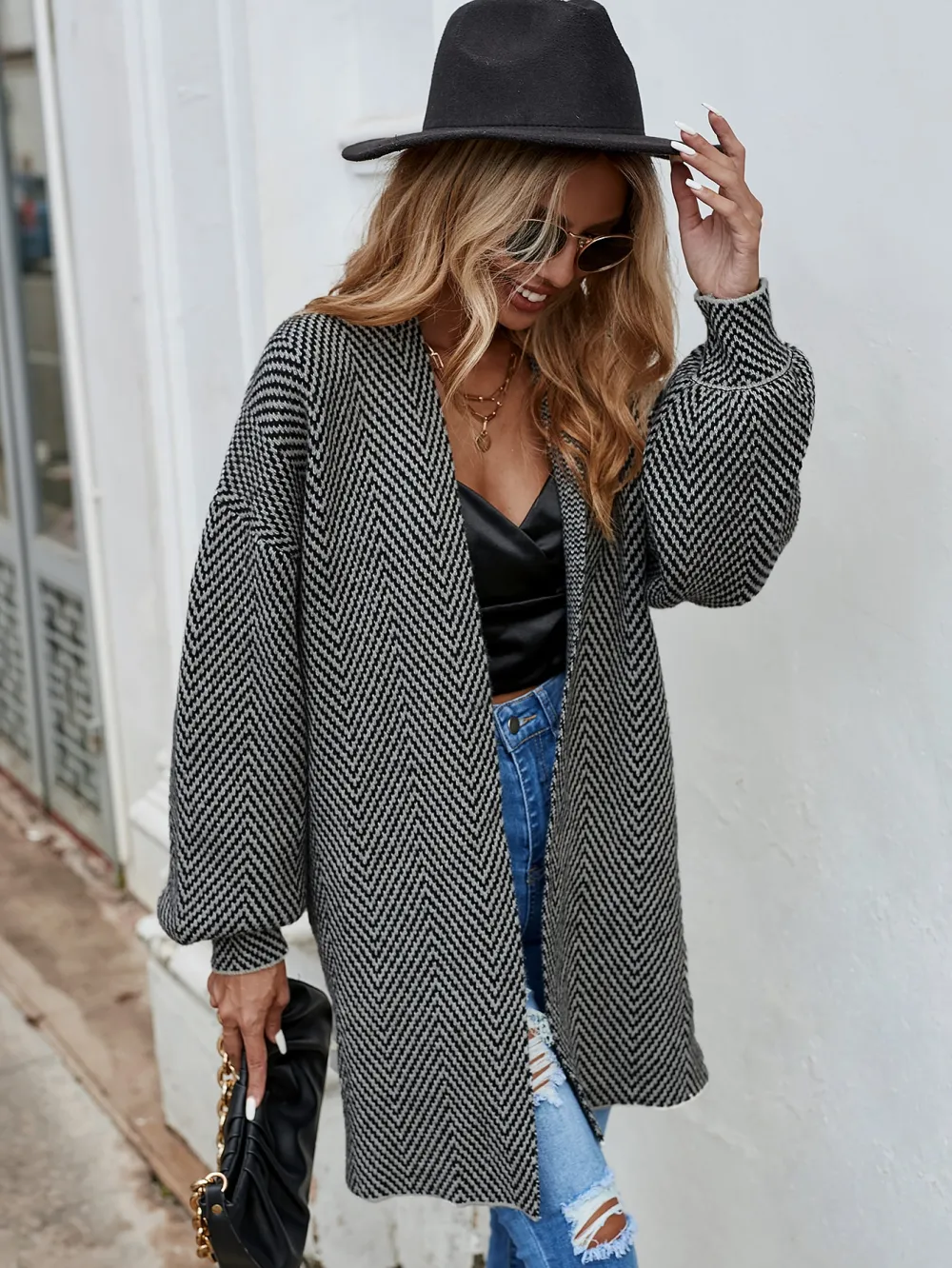 Chevron Pattern Bishop Sleeve Duster Cardigan