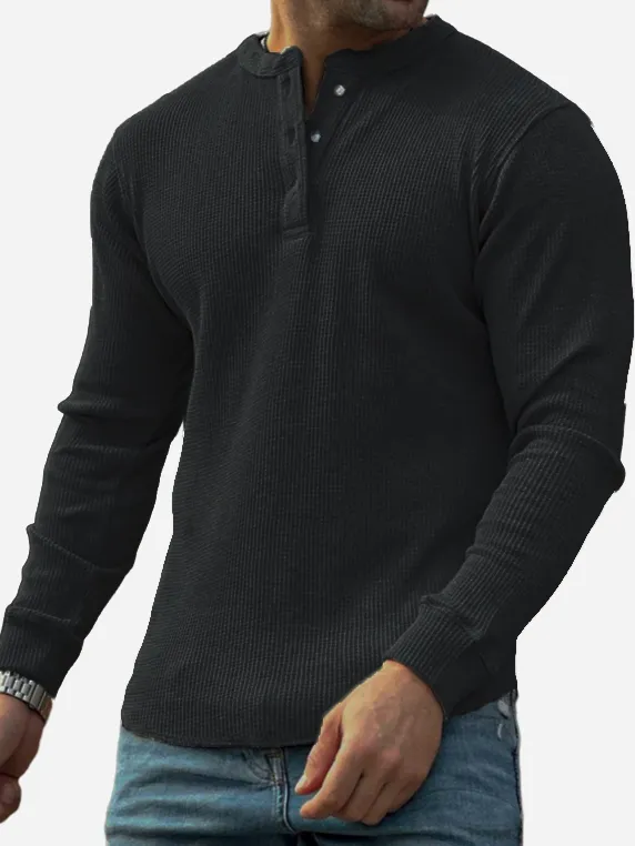 Men's Textured Waffle Trend Long Sleeve Lapel Henley