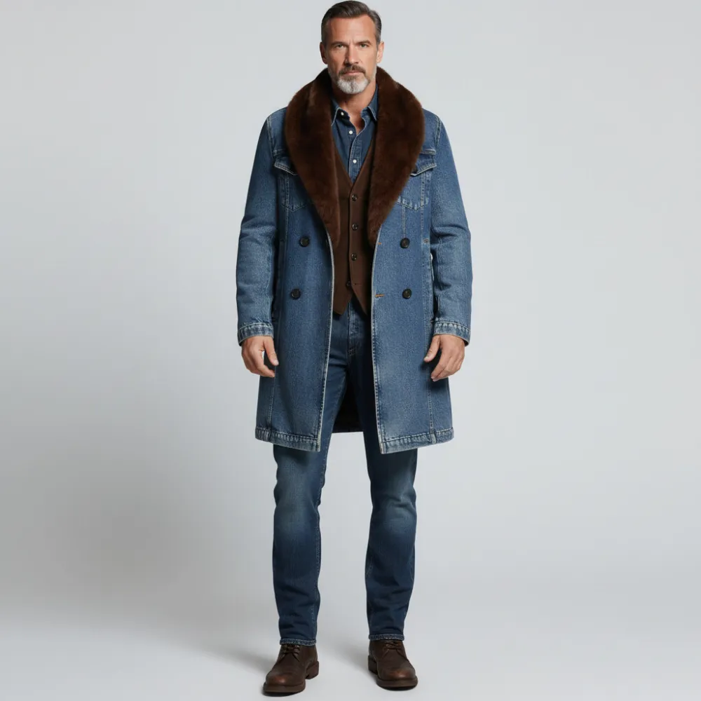 Men's Blue Furry Collar Double Breasted Long Sleeve Denim Overcoat