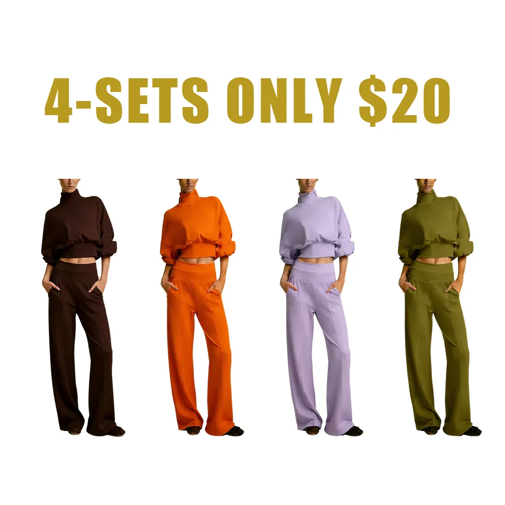 Turtleneck Puff-Sleeve Crop Top & Wide-Leg Pants Set