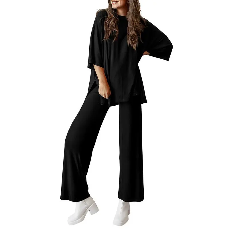 Women's 2-Piece Lounge Set – Short Sleeve Top & Split Hem Wide Leg Pants