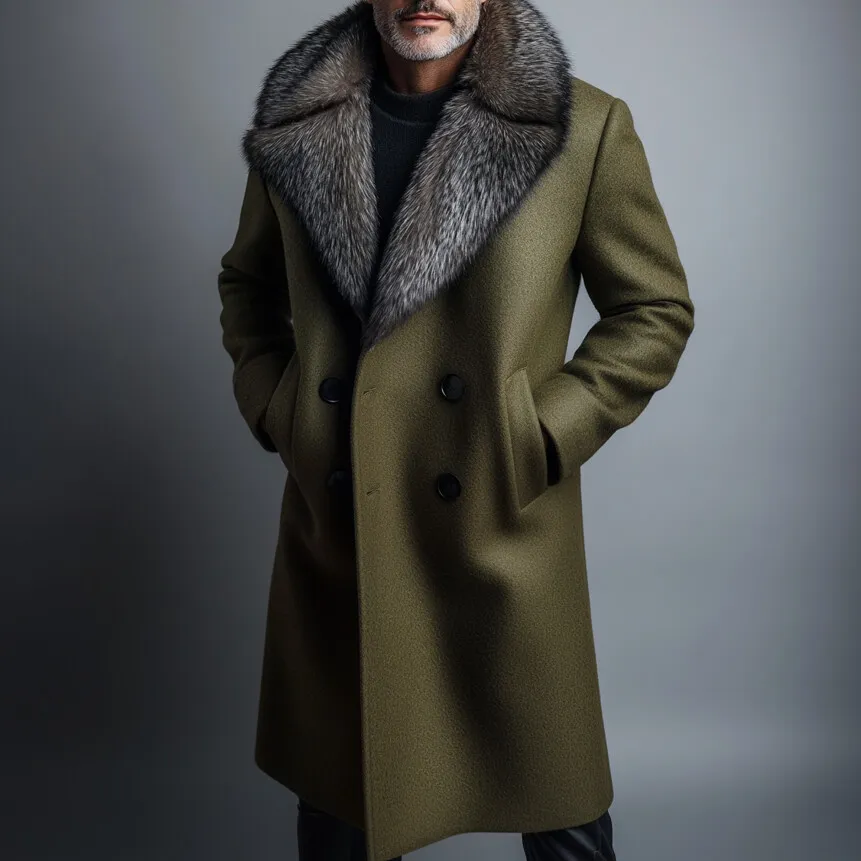 Men's Plush Lapel Collar Double Breasted Pocket Mid-Length Overcoat