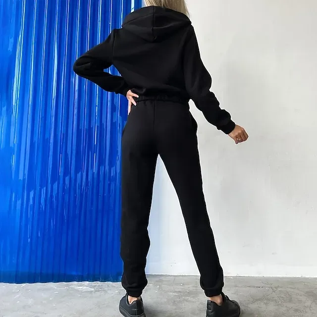 Women's Tracksuit Sweatsuit Pocket 2 Piece Solid Colored Hoodie and Pants Outfit Set Clothing Suit Fall Black White Jogging Training Exercise Thermal Warm Soft Moisture Wicking Long Sleeve Sport