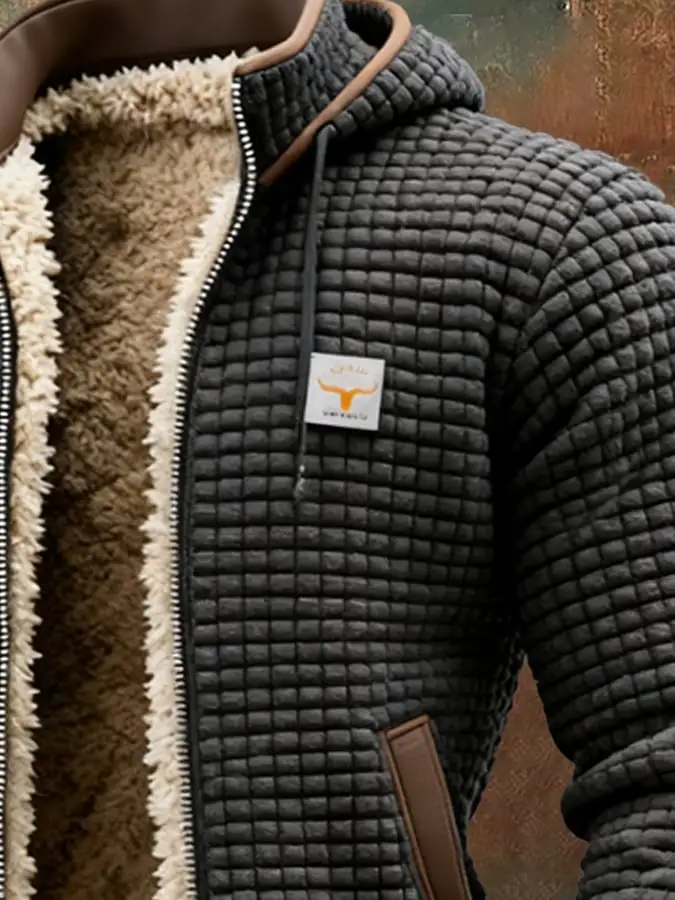 Men's Retro Textured Square Check Double Collar Warm Multi-pocket Outdoor Jacket