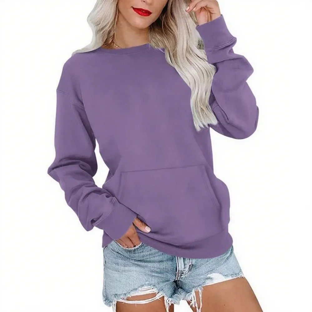Women's Crewneck Hoodless Sweatshirt With Kangaroo Pocket Fleece Longsleeve Oversized Casual Style Shirt