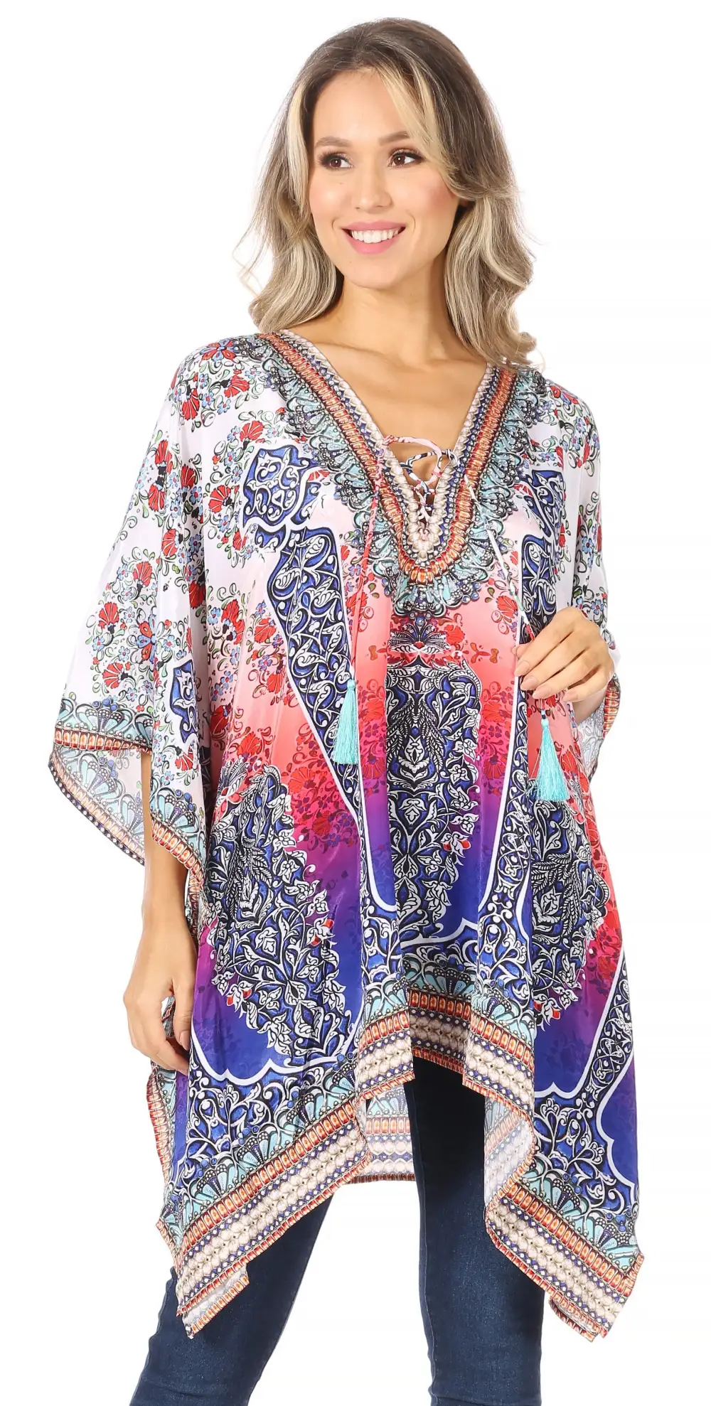 Women's Caftan Poncho Cover up V neck Top Lace up With Rhinestone