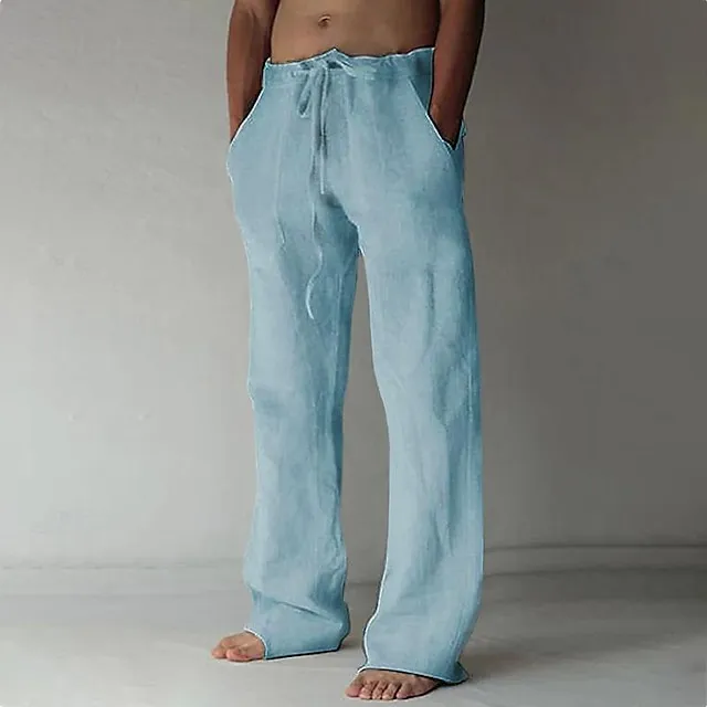 Men's Linen Pants Trousers Summer Pants Baggy Beach Pants Drawstring Front Pocket Straight Leg Plain Comfort Soft Full Length Yoga Holiday Beach Fashion Hawaiian Black White