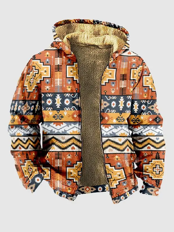 Men's Retro Ethnic Fleece Zipper Casual Printed Hoodie Jacket