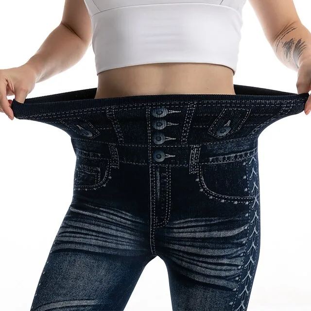 Women's Tights Pants Trousers Full Length Faux Denim Stretchy High Waist Fashion Casual Weekend Black Blue S M