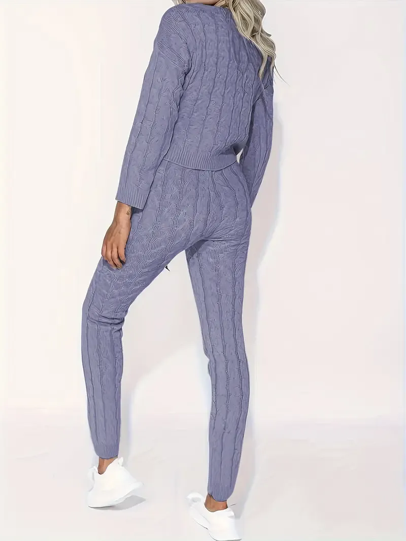 Solid Knitted Matching Two-piece Set, Casual Long Sleeve Sweater & Pants Outfits, Women's Clothing