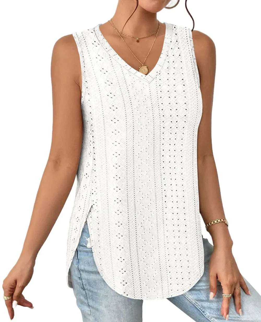 ✨ Womens V Neck Eyelet Embroidery Casaul Sleeveless Shirts