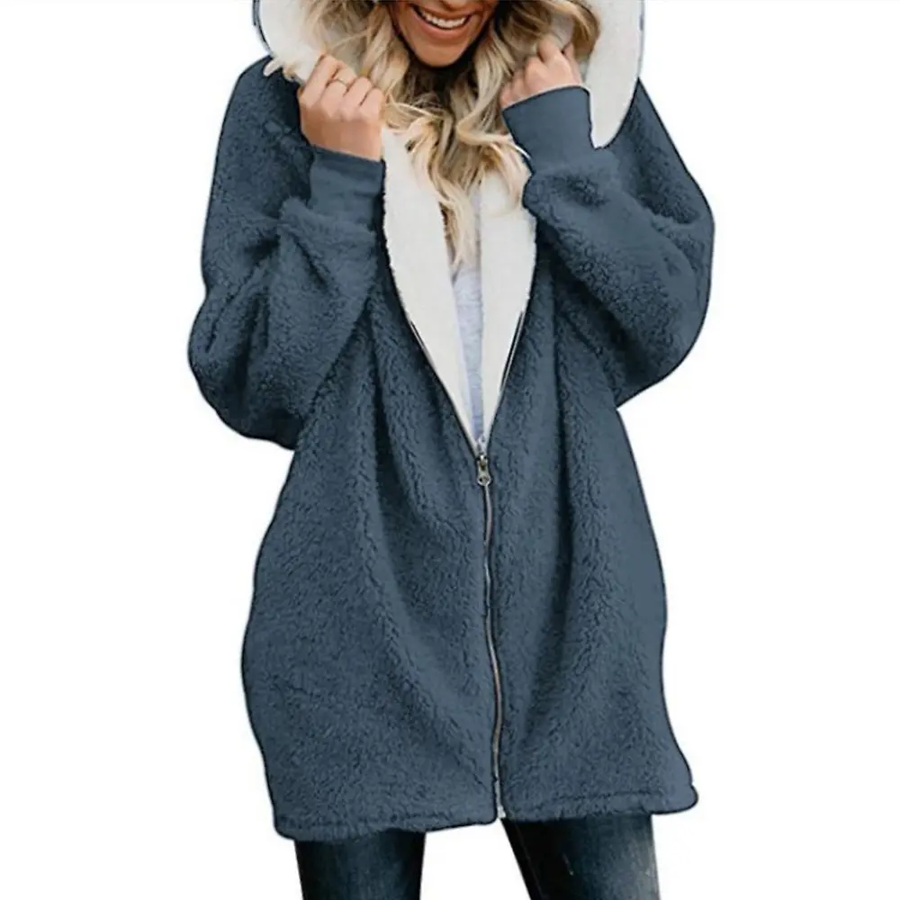 Women Long Sleeve Hoodie For Jacket Fuzzy Plush Full Zip Loose Pockets Outwear Coat