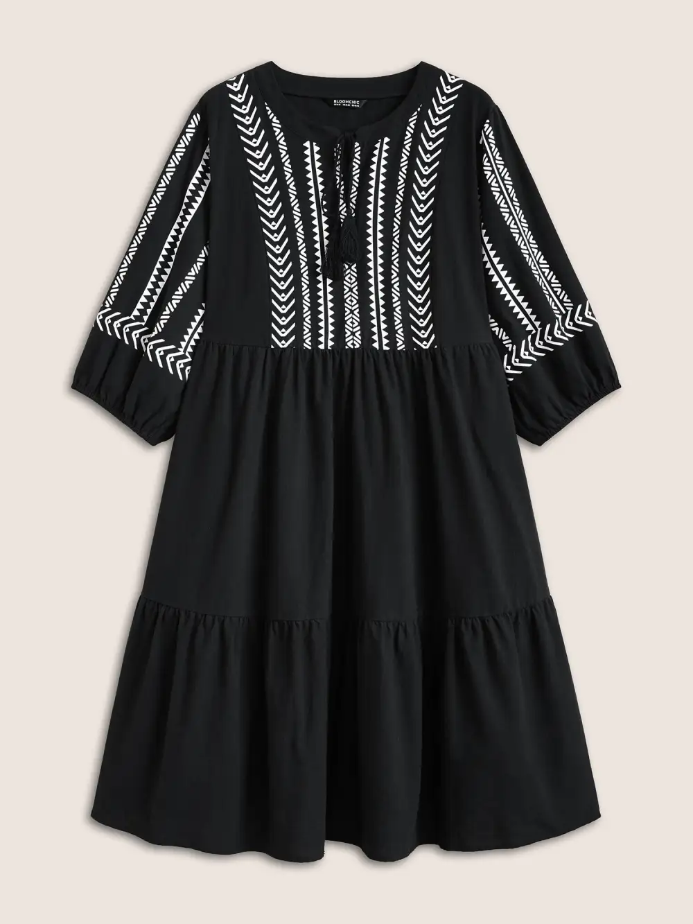 Cotton Geometric Bandana Print Tassel Trim Dress