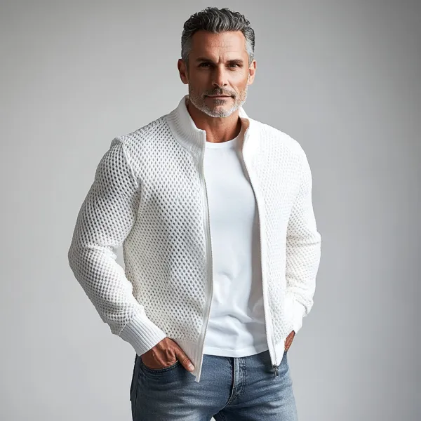 Men's Stand Collar Long Sleeve Hollow Out Knitted Zip Up Jacket