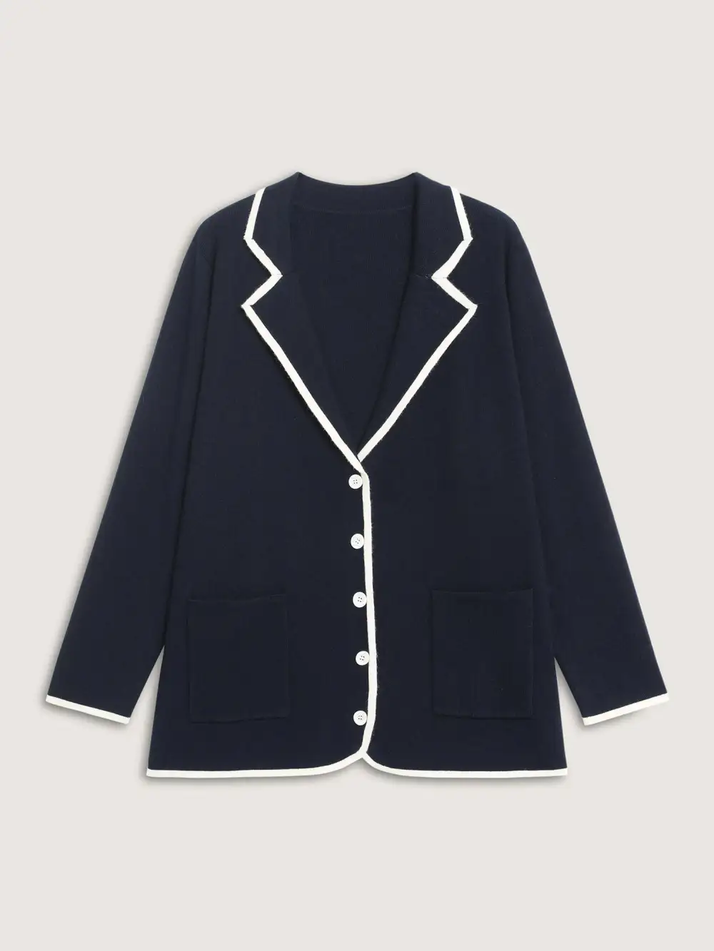 Blazer Collar Pockets Color Contrast Knit Cardigan