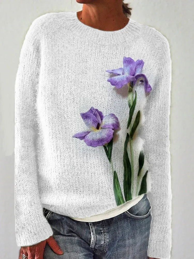 Classy Purple Irises Felt Art Cozy Alzheimer's Knit Sweater