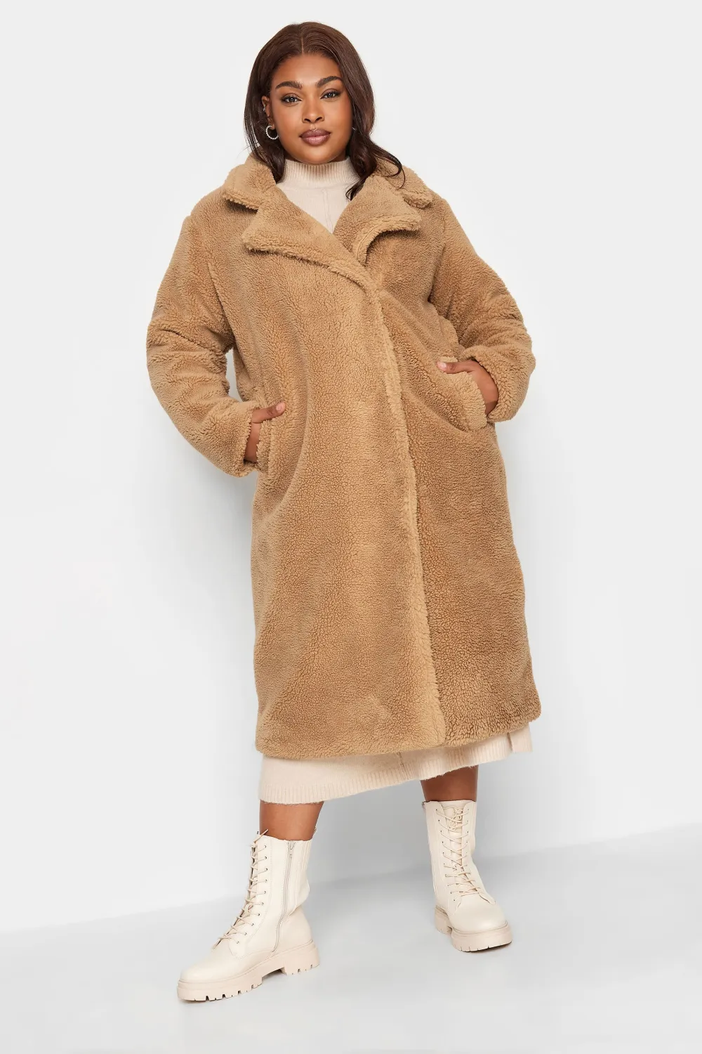 YOURS Curve White & Black Check Teddy Maxi Coat