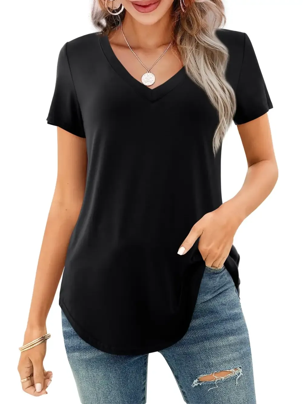 ✨Women's V-neck Short Sleeve Curved Hem Tee Top
