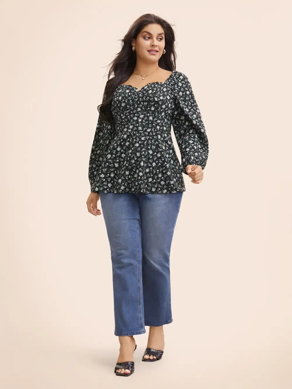 Heart Neckline Ditsy Floral Shirred Blouse